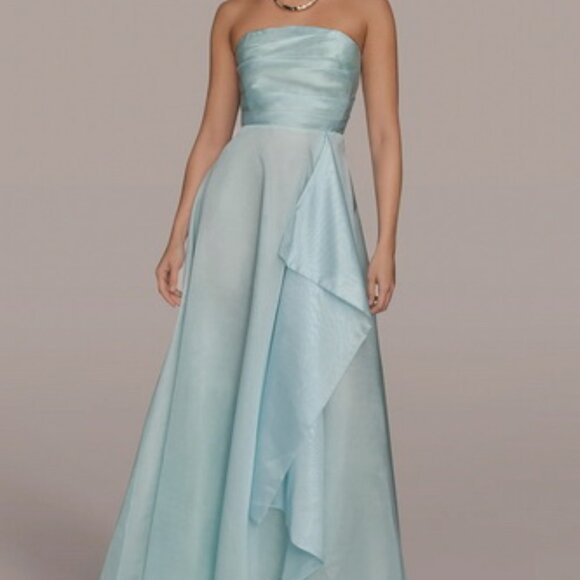 Donna Karan Sea Mist Blue Organza Strapless A-Line Gown